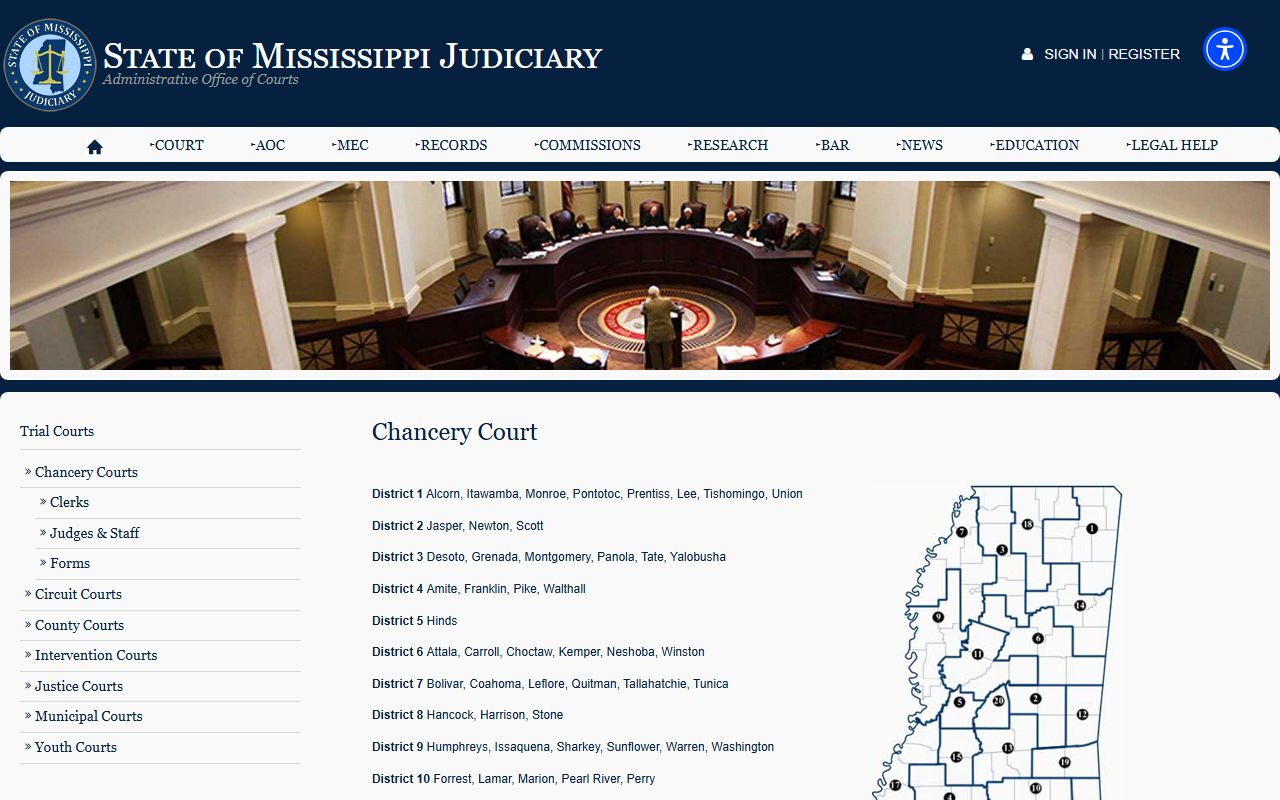 Webster County court dockets Chancery Court District 14 map of Mississippi