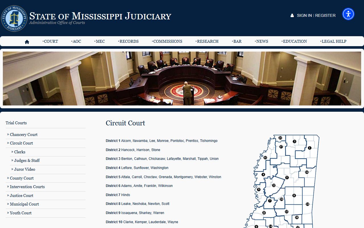 Webster County court dockets Circuit Court District 5 map of Mississippi