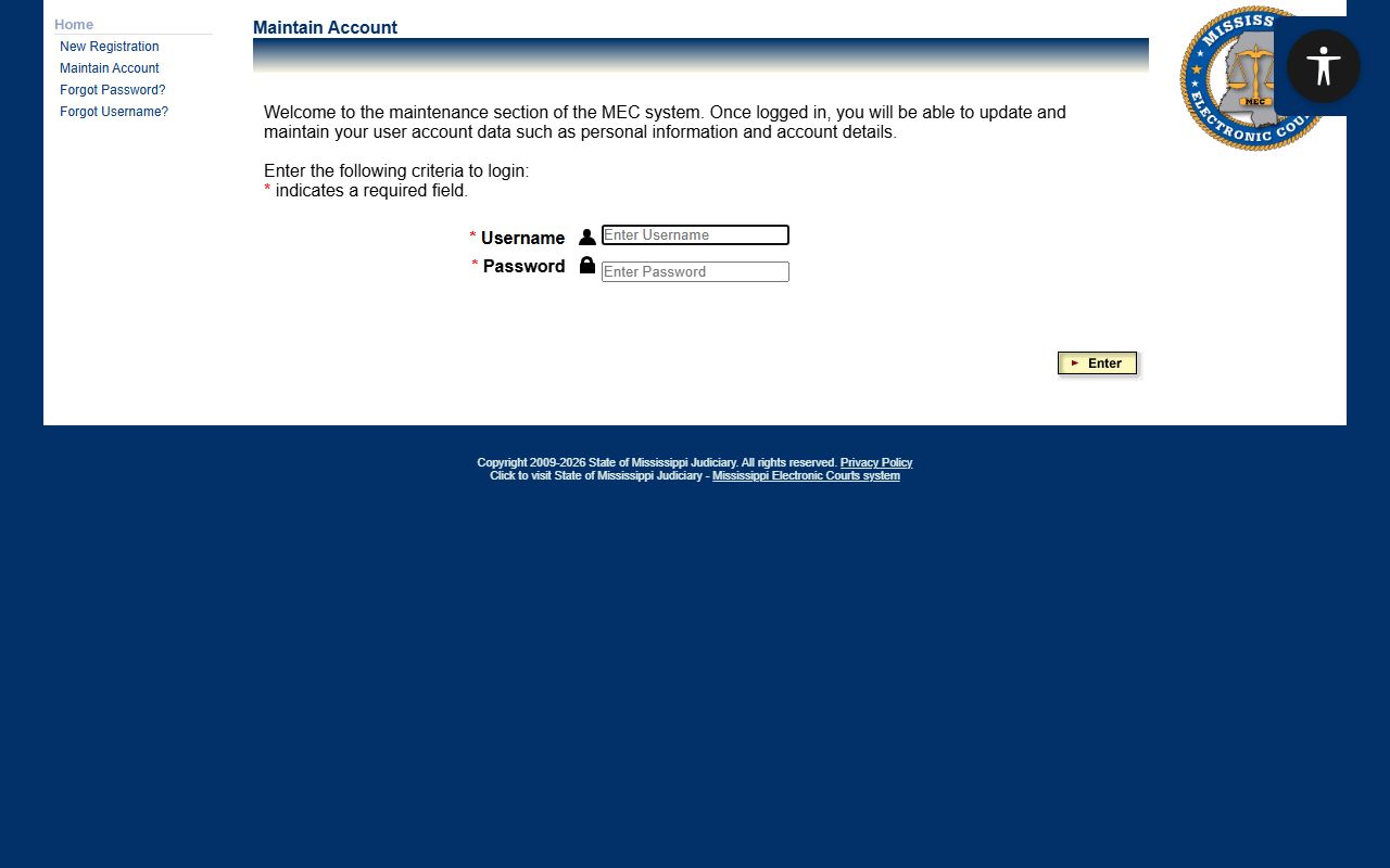 PAMEC login page for Webster County court records access