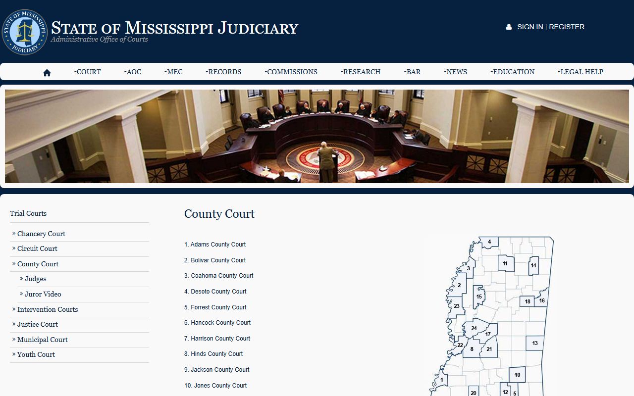 Webster County Circuit Court system with the Mississippi County Court map showing no Webster County Court