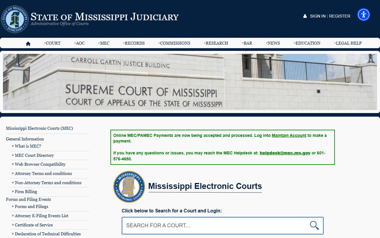 Mississippi Electronic Courts selector used for Webster County court records search