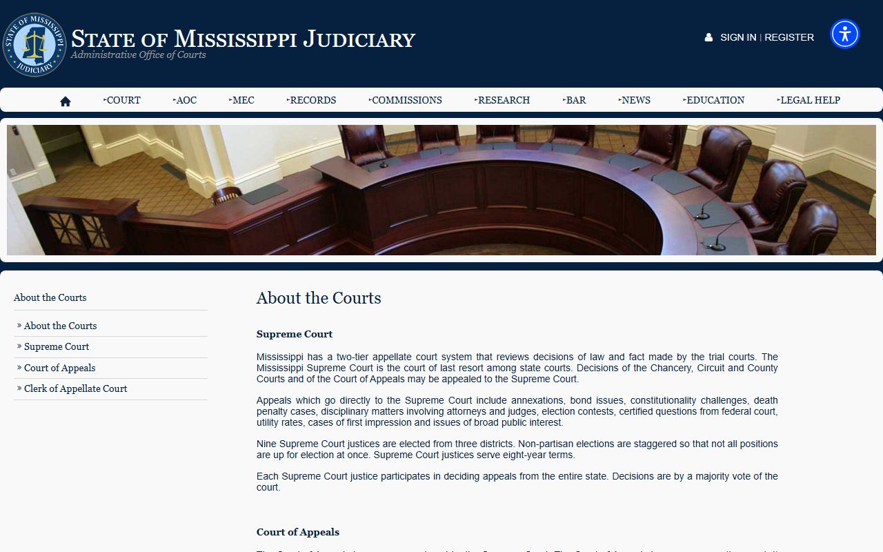 Mississippi court system overview covering Webster County courts