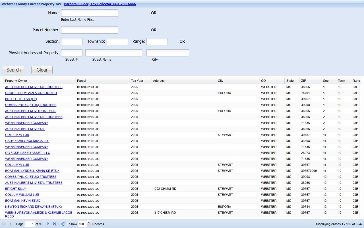 Webster County probate property tax and land-roll inquiry tool